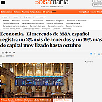 Economa.- El mercado de M&A espaol registra un 2% ms de acuerdos y un 19% ms de capital movilizado hasta octubre